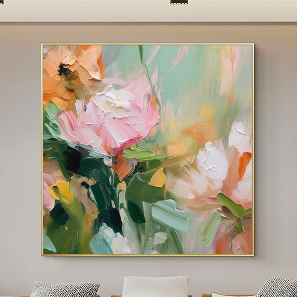 Pintura al óleo original de flores de peonía sobre lienzo, arte de pared grande, arte floral rosa abstracto, pintura personalizada, decoración de la pared del dormitorio, regalo personalizado
