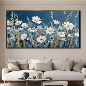 Original White Floral Oil Painting On Canvas, Large Wall Art, Abstract Daisy Flower Painting, Custom Painting, Modern Living room Wall Decor