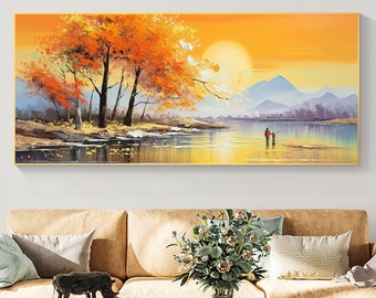 Peinture à l'huile originale de paysage de montagne sur la toile, grand art mural, peinture d'arbre abstrait, décoration de coucher de soleil, peinture personnalisée, cadeau d'art pour le salon