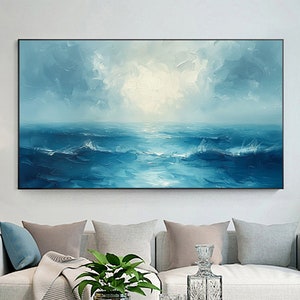 Original Ocean Landscape Oil Painting on Canvas, Large Wall Art Abstract Blue Sea Art, Custom Painting Minimalist Living Room Home Decor