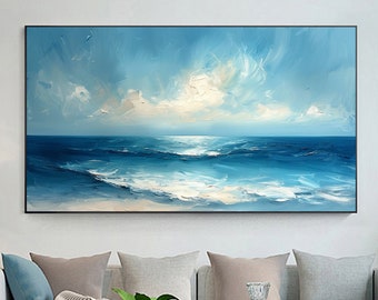 Original Ocean Oil Painting on Canvas, Large Wall Art Abstract Sea Art Blue Wall Decor Custom Painting Minimalist Living Room Home Decor