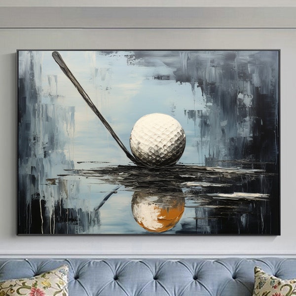 Abstract Golfing Oil Painting on Canvas, Large Wall Art Original Sports Art Minimalist Art Blue Decor Custom Painting Modern Office Decor