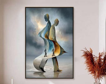 Gran pintura al óleo surrealista original, arte mural abstracto con figuras etéreas, lienzo texturizado moderno, decoración para sala de estar.