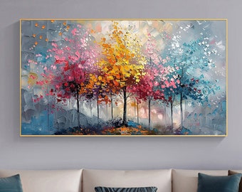 Abstract Colorful Forest Oil Painting on Canvas Large Wall Art, Original Tree Wall Art Custom Painting Trendy Living Room Home Decor Gift