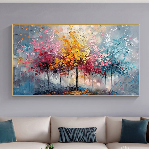 Forêt colorée abstraite, grande peinture à l'huile sur toile, grande oeuvre d'art murale, oeuvre d'art murale originale d'arbre, peinture personnalisée, salon tendance, décoration d'intérieur, cadeau