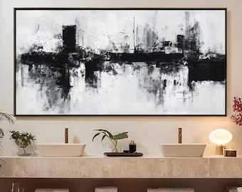 Abstract Black And White Cityscape Oil Painting, Modern Urban Skyline Wall Art,Minimalist Monochrome Canvas,Contemporary Textured Home Decor