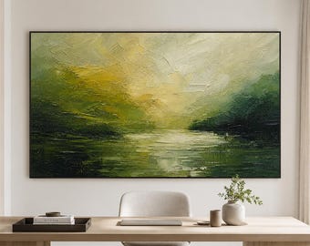Serene Green Abstract Landscape Impasto Painting, Glowing Forest Lake Textured Canvas Wall Art, Earthy Home Decor For Living Room