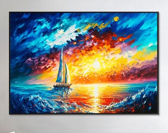 Abstract Nautical Oil Painting on Canvas, Extra Large Wall Art Original Colorful Ocean Landscape Art Sunset Painting Modern Living Room Art
