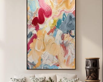 Large Abstract Impasto Painting, Colorful Textured Wall Art
