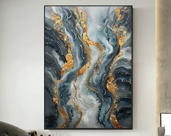 Pittura a olio astratta dell'onda dell'oceano su tela, grande arte della parete originale lamina d'oro arte pittura personalizzata decorazione della parete moderna decorazione dell'ufficio per la parete