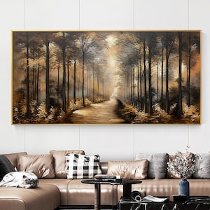 Abstract Forest Oil Painting on Canvas Large Wall Art Original Golden Tree Landscape Art Road Wall Art Modern Living Room Decor Autumn Decor