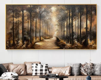 Golden Autumn Forest Oil Painting, Large Canvas Wall Art