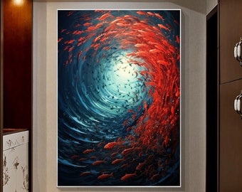 Pintura al óleo abstracta de la escuela de peces sobre lienzo, arte de pared grande, arte marino original, pintura personalizada, decoración de pared roja, sala de estar, regalo personalizado