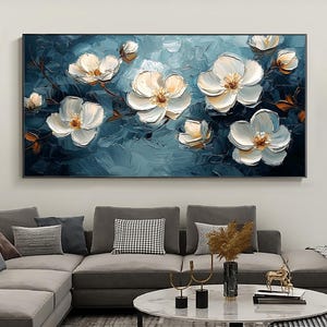 Original 3D White Flower Texture Canvas Oil Painting, Abstract Blue Background Floral Painting Large Blossom Wall Art Living Room Home Decor