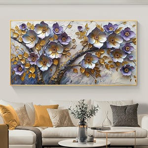Abstract Golden Plum Blossom Tree Canvas Oil Painting, Large Textured Flower Wall Art, Original Tree Painting, Custom Living Room Home Decor