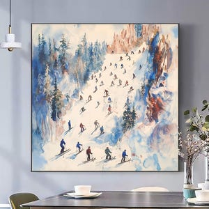 Abstract Skiing Oil Painting on Canvas, Large Minimalist Wall Art, Original Winter Sports Painting, Living Room Home Decor Personalized Gift