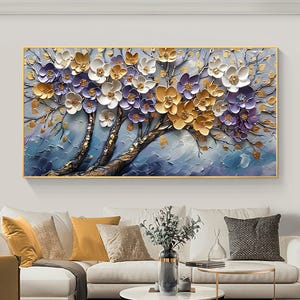 Abstract Gold Plum Blossom Oil Painting On Canvas, Large Textured Flower Wall Art, Original Blossoming Tree Painting, Living Room Home Decor