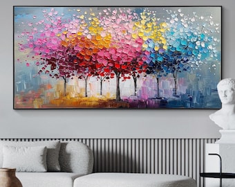 Original Colored Trees Oil Painting on Canvas, Large Wall Art Abstract Forest Wall Art Custom Painting Modern Living Room Home Decor Gift