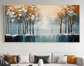 Grande forêt abstraite, peinture à l'huile sur toile, art mural, peinture personnalisée, art paysager bleu original, décoration murale moderne pour salon