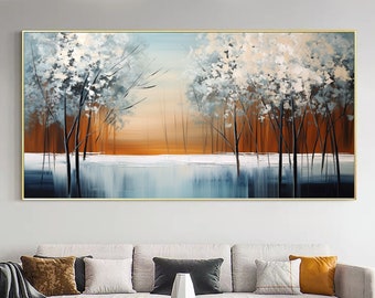 Peinture à l'huile abstraite originale de forêt sur la toile, art mural extra large, art moderne de paysage d'arbre, décoration murale de salon de peinture personnalisée