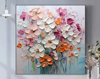 Original Colorful Flower Oil Painting on Canvas, Large Wall Art Abstract Knife Floral Art Texture Wall Art,Minimalist Living Room Home Decor