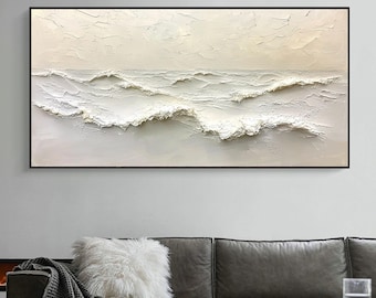 Abstract Hand-drawn 3D Wave Canvas Oil Painting, Original Ocean Texture Wall Art Large Sea Landscape Painting, Custom Modern Boho Home Decor