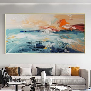 Original Blue Ocean Oil Painting on Canvas, Abstract Minimalist Seascape Painting, Large Colorful Wall Art Modern Living Room Wall Art Decor