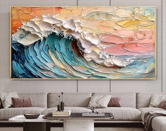 Abstract Ocean Oil Painting on Canvas, Original 3D Wave Texture Wall Art Large Colorful Sea Scenery Painting Boho Home Decor For Living Room