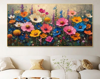 May include: A colorful painting of a field of flowers. The flowers are in various shades of pink, blue, yellow, and white. The background is a soft, muted green.