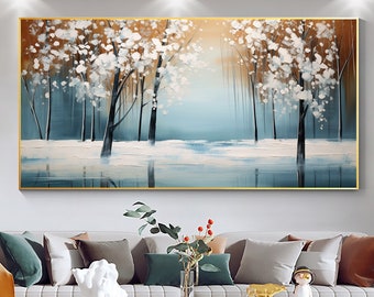 Abstrakte Waldlandschaft auf Leinwand Wandkunst, großes Ölgemälde, Original minimalistischer Baum Wandkunst, moderne Wanddekoration für Schlafzimmer