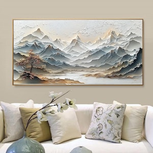 Abstraktes strukturiertes Berg Segeltuch Ölgemälde, ursprüngliche Fluss-Wand-Kunst Großer Baum Landschaftsmalerei Benutzerdefinierte Boho Wohndekor für Wohnzimmer