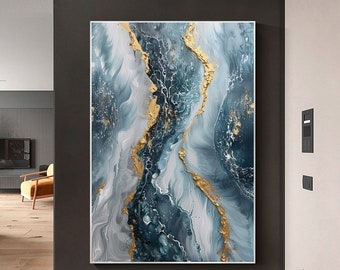 Original Ocean Wave Oil Painting on Canvas, Large Wall Art Abstract Gold Foil Art Custom Painting Modern Wall Decor Office Decor for Wall