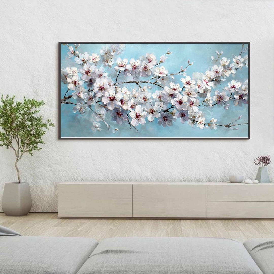 Original Cherry Blossom Oil Painting on Canvas, White Textured Floral ...