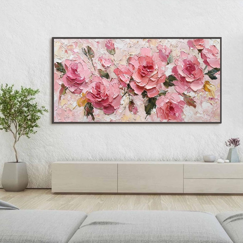 Original Pink Rose Oil Painting on Canvas, Large 3D Textured Floral ...