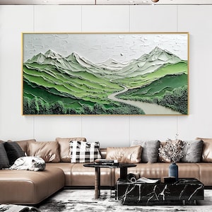 Abstract Mountain Landscape Oil Painting On Canvas, Original Valley Scenery Painting Large Green Textured Wall Art Fashion Living Room Decor