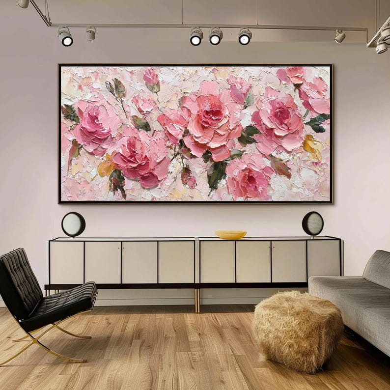 Original Pink Rose Oil Painting on Canvas, Large 3D Textured Floral ...