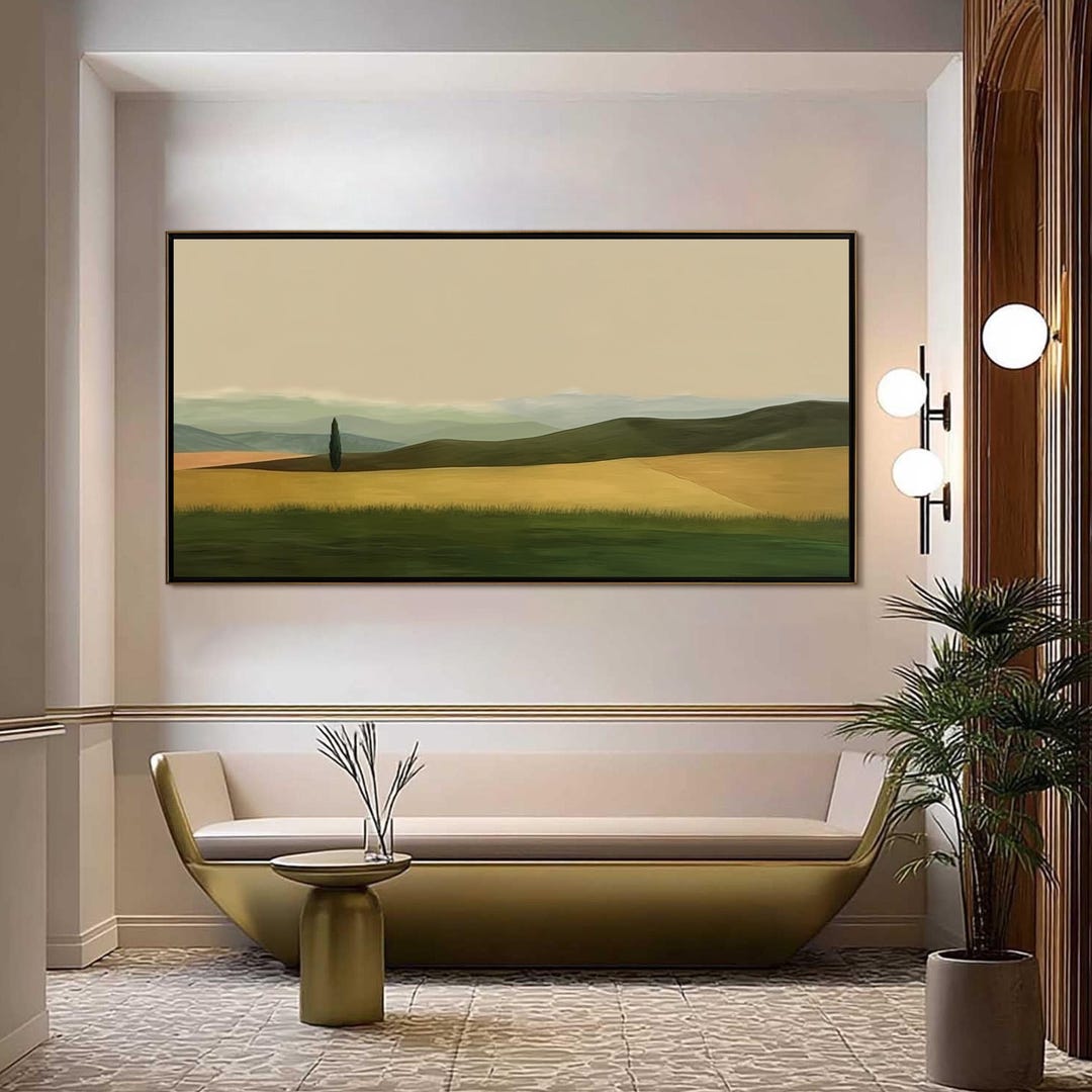 Large Original Oil Painting, Abstract Countryside Scenery, Green Hills ...