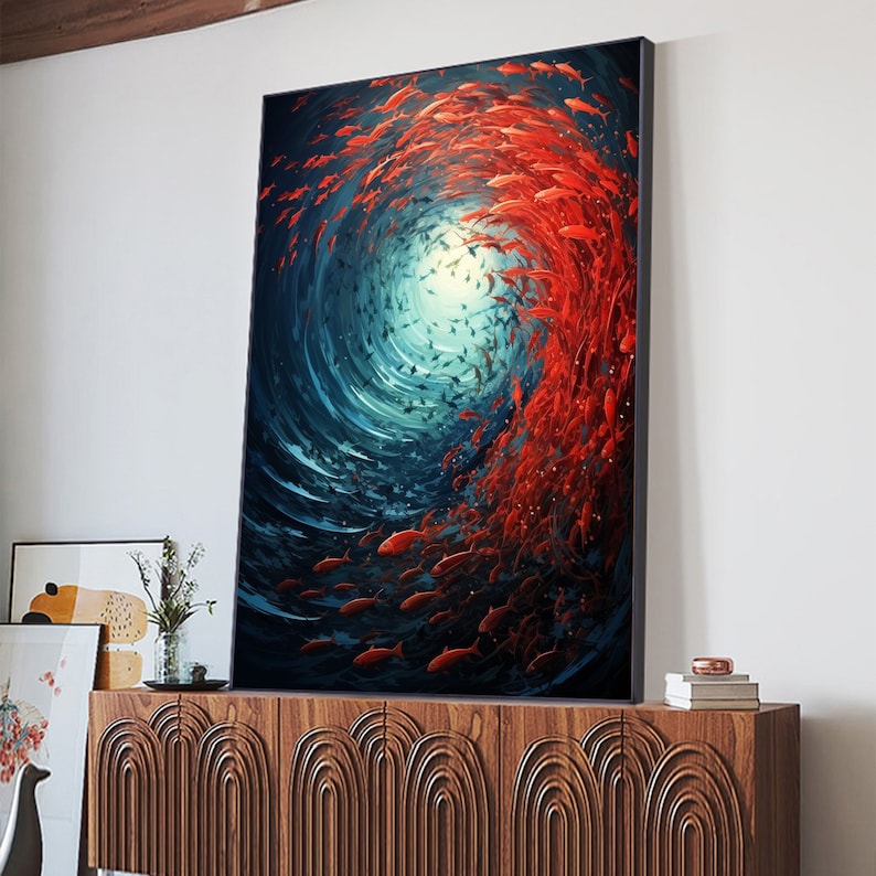 Abstract Fish School Oil Painting on Canvas, Large Wall Art Original Sea Art, Custom Painting Red Wall Decor Living Room Personalized Gift