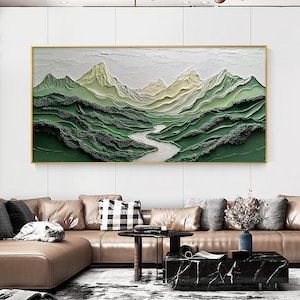 Abstract Green Mountain Oil Painting On Canvas, Original Natural Landscape Painting, Large Textured Wall Art, Custom Living Room Home Decor