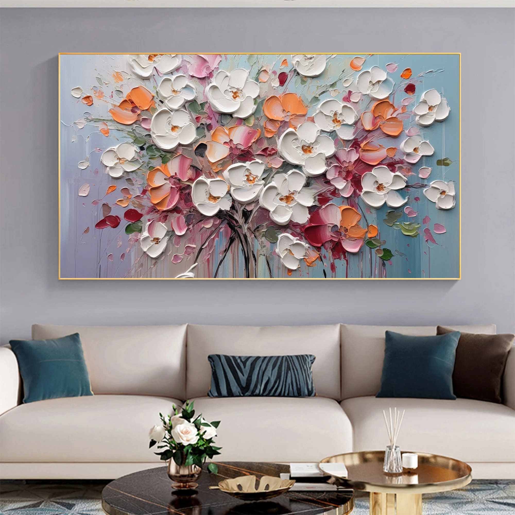 油絵 キャンバスに描かれたオリジナルの色とりどりの花の油絵、大きな