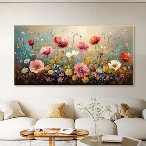 Hand-painted Original Colorful Flower Oil Painting, Abstract Blossom Canvas Art, Large Textured Floral Wall Art, Boho Living Room Home Decor