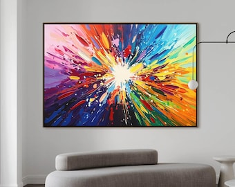 Vibrant Abstract Oil Painting on Canvas, Colorful Burst Texture, Modern Wall Art