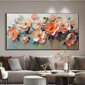 Abstract 3D Flower Texture Canvas Oil Painting, Original Floral Painting, Large Colorful Blossom Landscape Wall Art, Living Room Home Decor