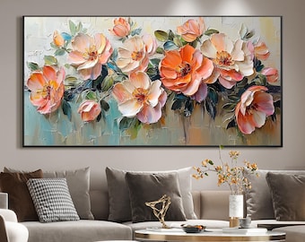 May include: A painting of a bouquet of pink and orange flowers with green leaves. The flowers are painted in a realistic style with visible brushstrokes. The background is a light blue and beige.