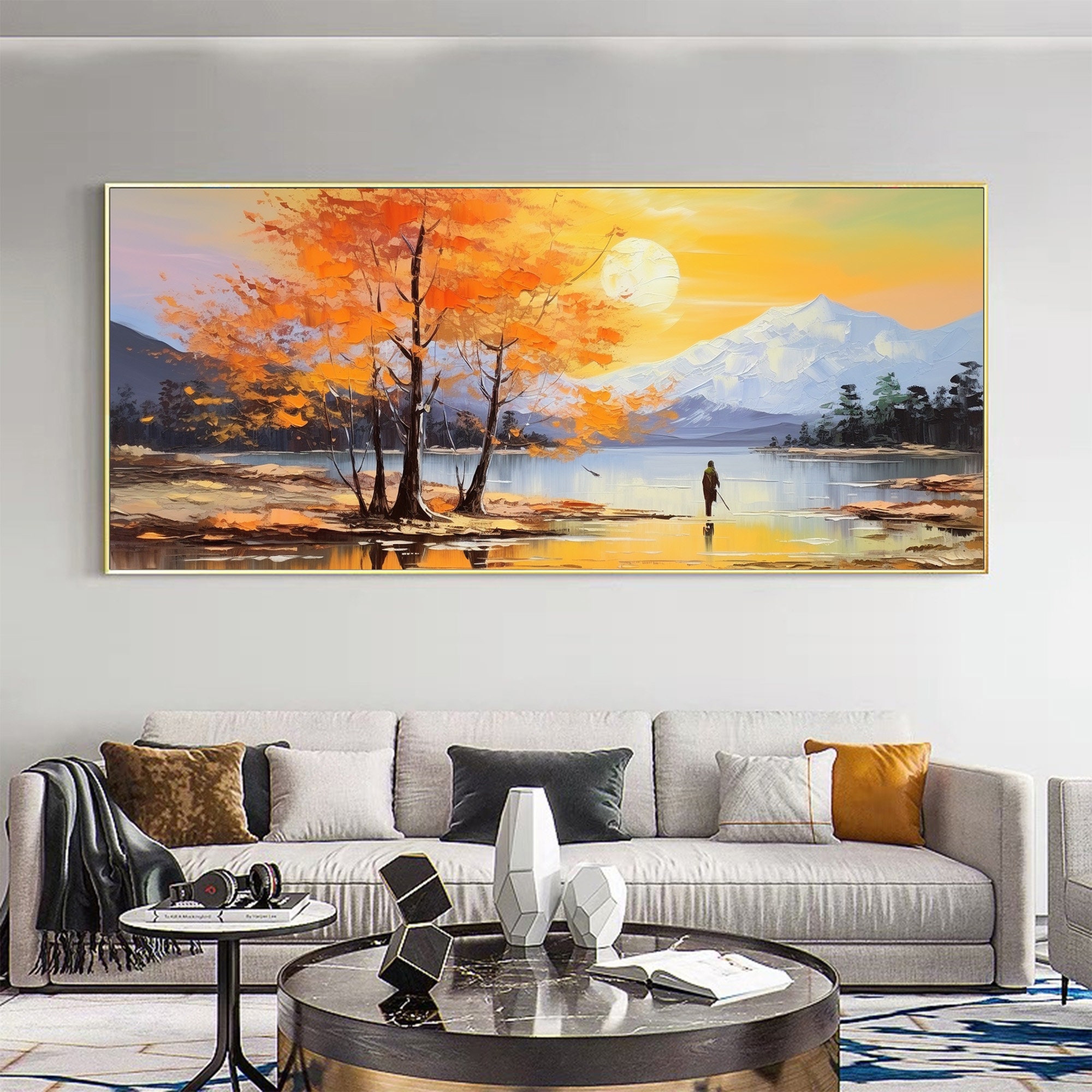 Original Lake Landscape Oil Painting on Canvas, Large Wall Art Abstract ...