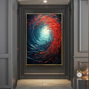 Abstract Fish School Oil Painting on Canvas, Large Wall Art Original Sea Art, Custom Painting Red Wall Decor Living Room Personalized Gift