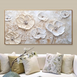 Original 3D Flower Canvas Oil Painting, Abstract Floral Landscape Painting, Large Blossom Wall Art, Modern Boho Home Decor For Living Room