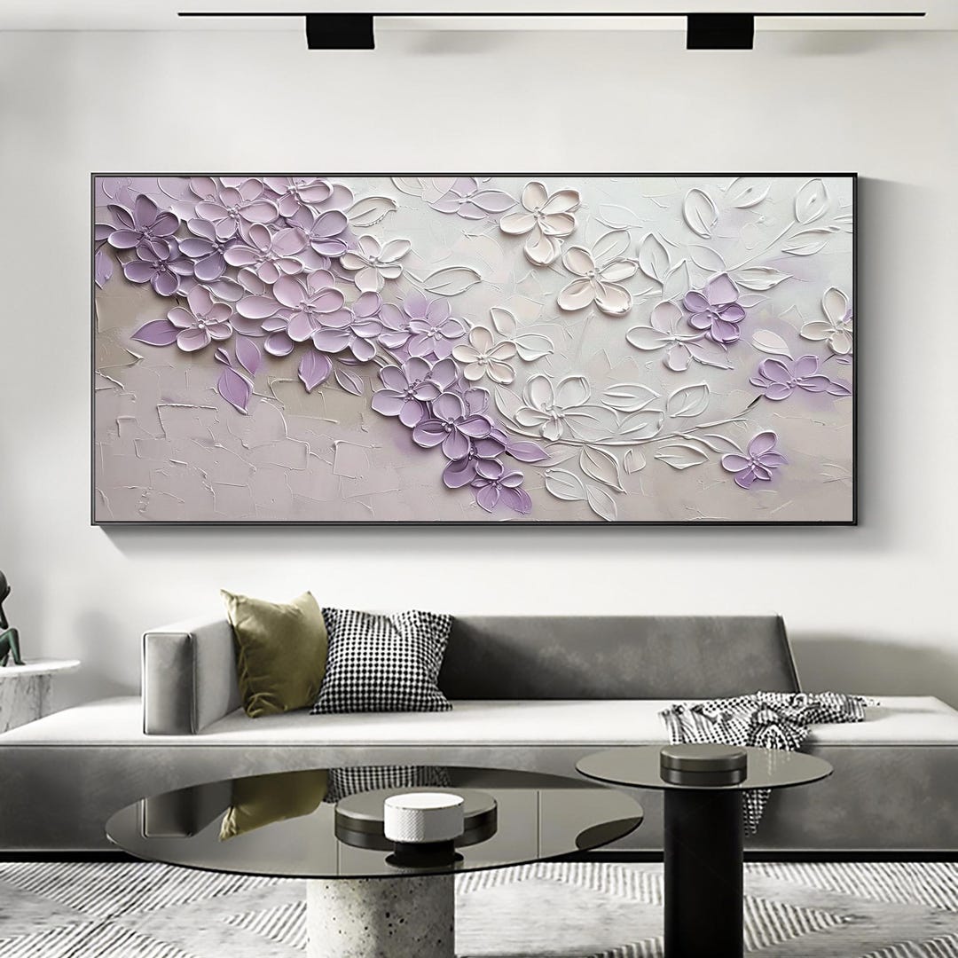 Abstract Purple Flower Oil Painting, Textured Floral Canvas Art, Boho ...