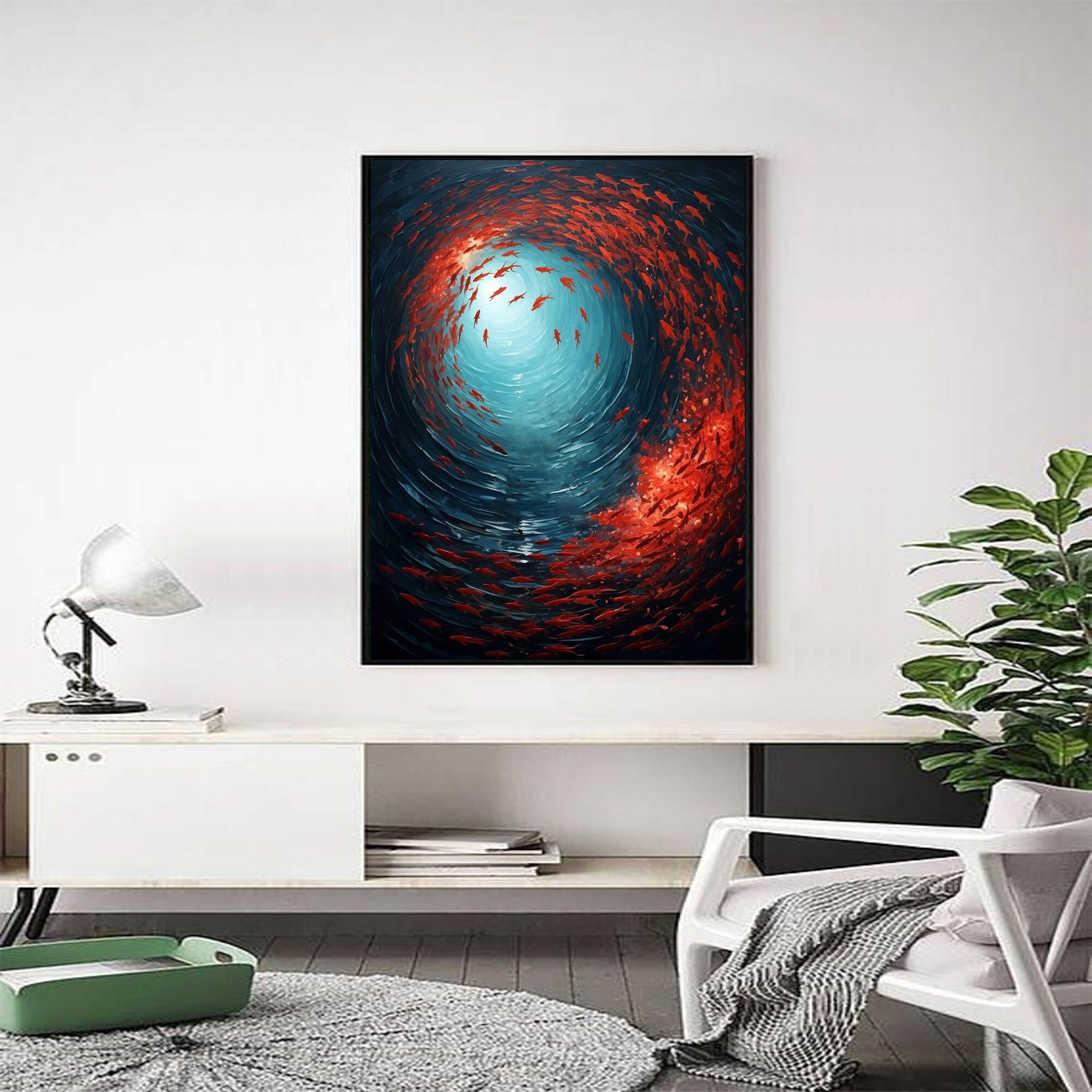 Abstract Fishes Oil Painting on Canvas, Large Wall Art Original Ocean ...