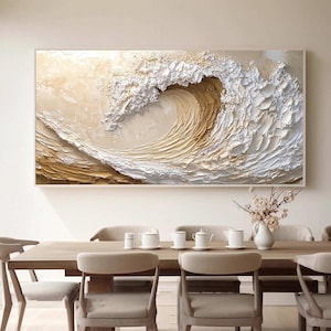 Original 3D White Wave Texture Painting, Abstract Ocean Canvas Oil Painting, Large Sea Landscape Wall Art, Custom Sofa Background Wall Decor